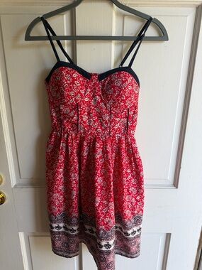 Red Printed Sundress with Black Trim